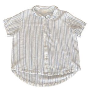 Ana Linen Blend Button Front Camp Shirt Short Sleeve Blue White Stripe Small